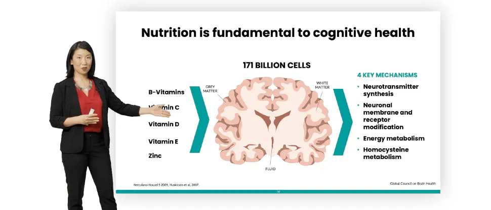 Woman with dark hair presenting a slide with a picture of a brain