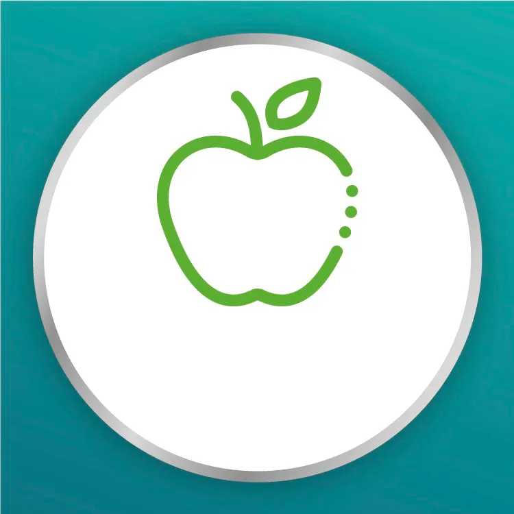 Image of apple icon surrounded by an outline of a rainbow-coloured circle