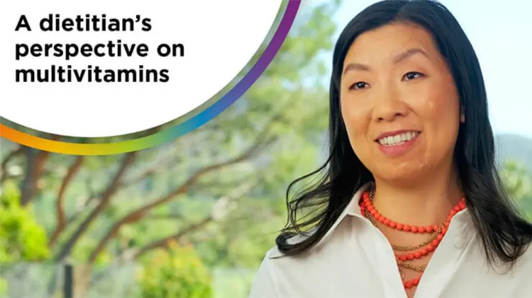Image of Maggie Moon, MS, RD wearing a white shirt and orange beaded necklace. Banner text reads: “A Dietitian’s view on multivitamins”