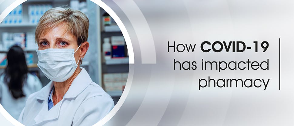 EXPERT_Mental Resilience_GHP Article_Header_How C19 has affected pharmacy_970x416px A pharmacist wears a face mask to help protect herself against the coronavirus.