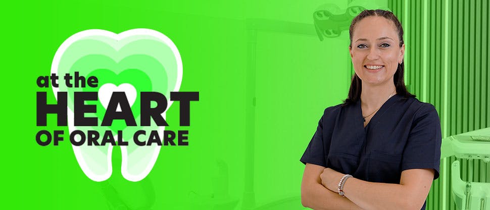Image of hygienist and ‘At the Heart of Oral Care’ logo