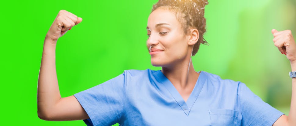 <b>Image of a hygienist flexing her biceps</b>
