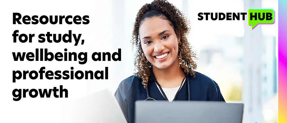 Image showing student on laptop with text, Resources for study, wellbeing and professional growth