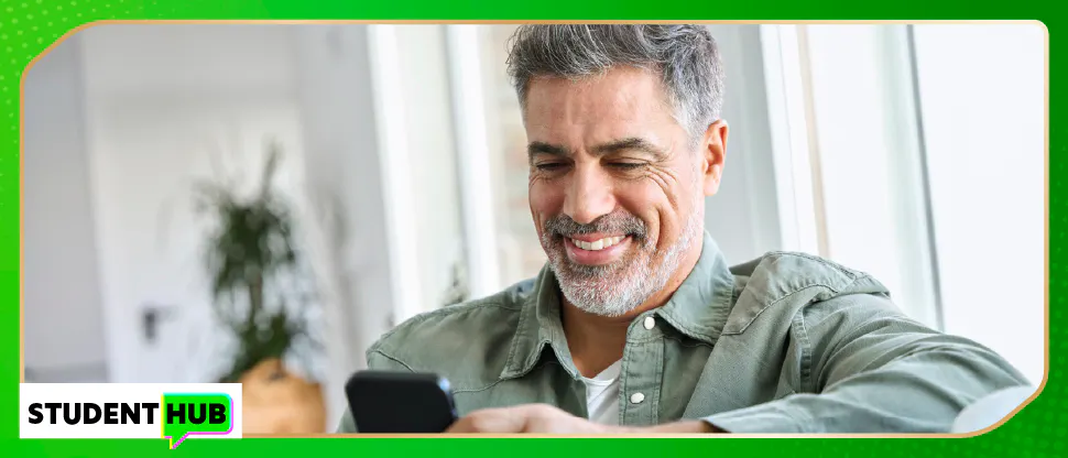 Man looking at phone with Student Hub Logo