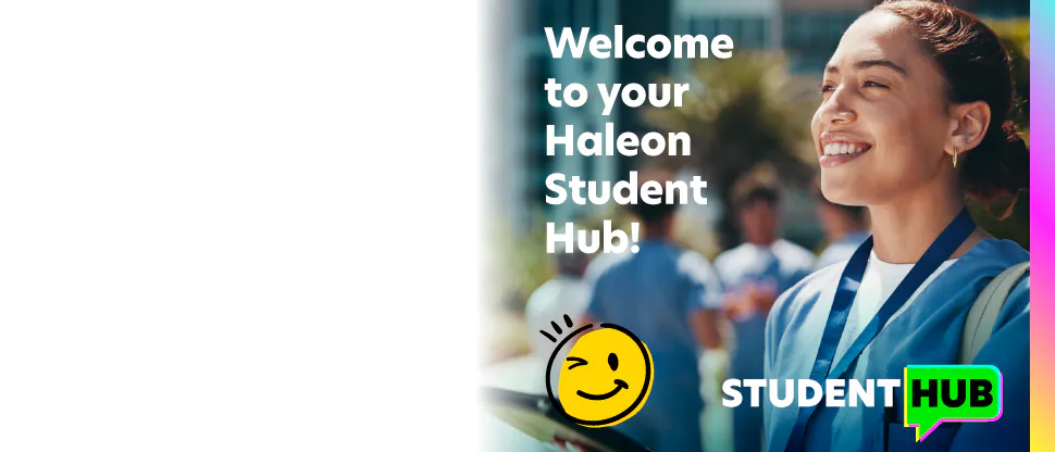Woman smiling with Welcome to your Haleon student hub