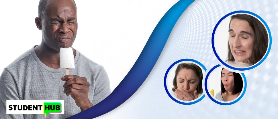 Man holding popsicle in pain, 3 women suffering from sensitive teeth