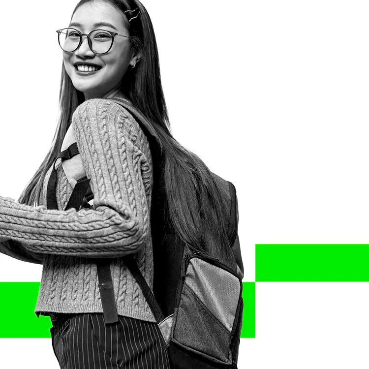 Image of female student with title grants and scholarships