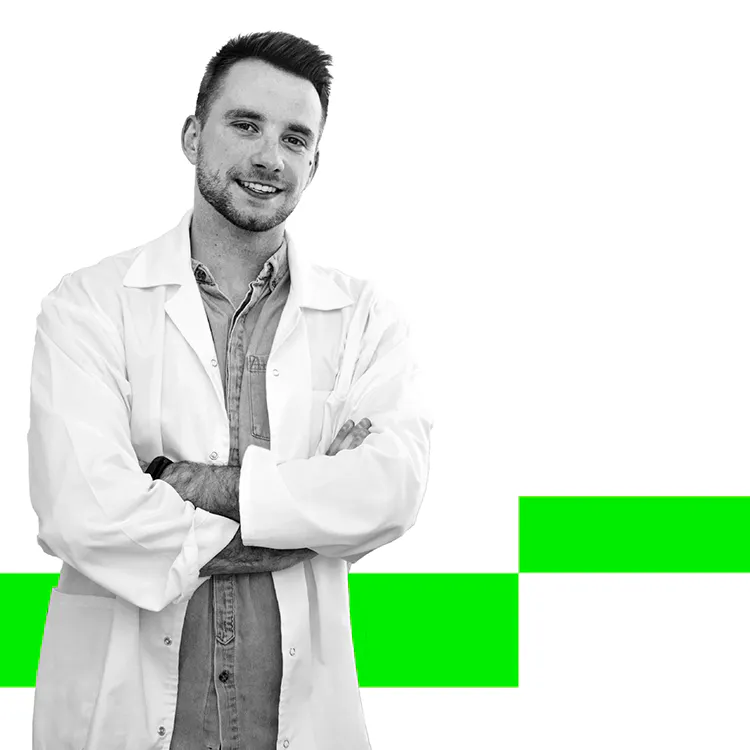Man in white dental coat with heading Career Launch