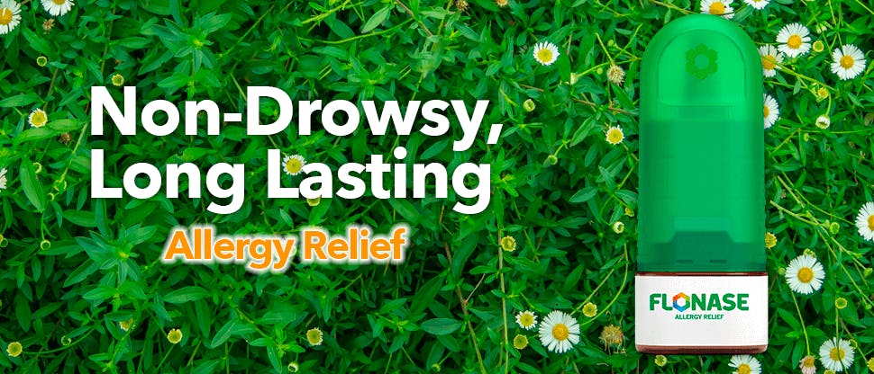 Image of Flonase allergy relief packshot on a bed of flowers with content Non-drowsy, long lasting allergy relief