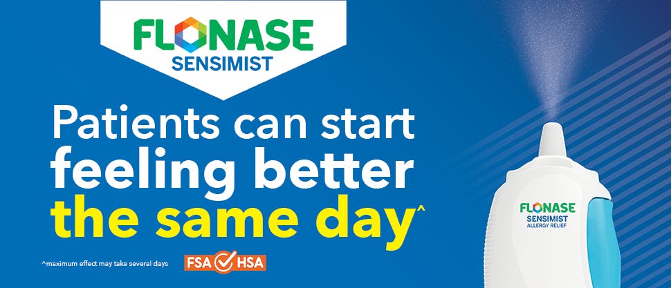 FLONASE SENSIMIST packshot with FSA logo and text patients can start feeling better the same day 