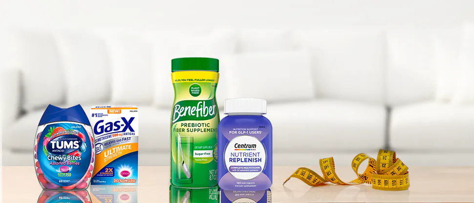 On the left, two products are shown beneath the label ‘Help manage side effects’: a container of TUMS antacid tablets, and a Gas X product. On the right, two supplement bottles are shown beneath the label ‘Help fill nutrient gaps’: a container of Benefiber and a bottle of Centrum multivitamins.