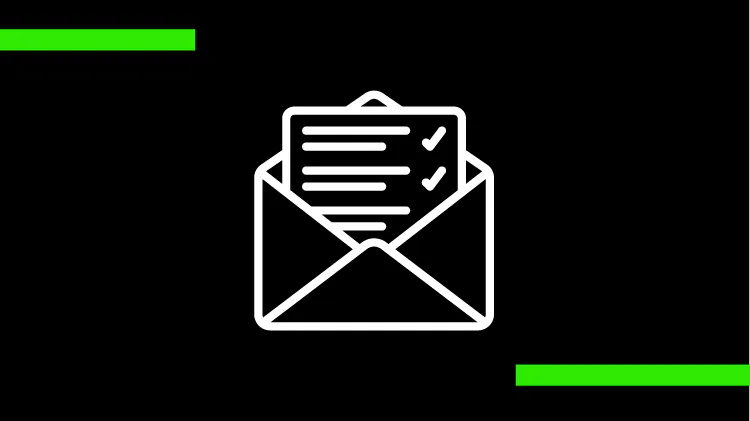 Icon of an open envelope with a document inside showing lines and check marks, displayed on a black background.