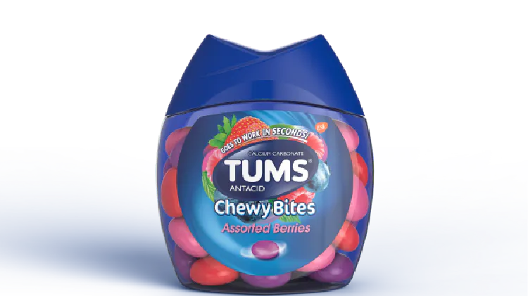 Container of Tums antacid chewable tablets with a blue label.