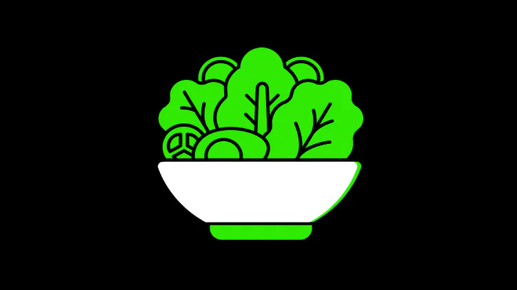 Icon of a white bowl filled with green leafy vegetables on a black background.