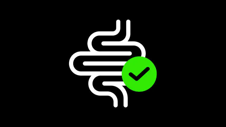 Icon of a simplified intestine shape outlined in white with a green circle containing a check mark over the lower right side, displayed on a black background.