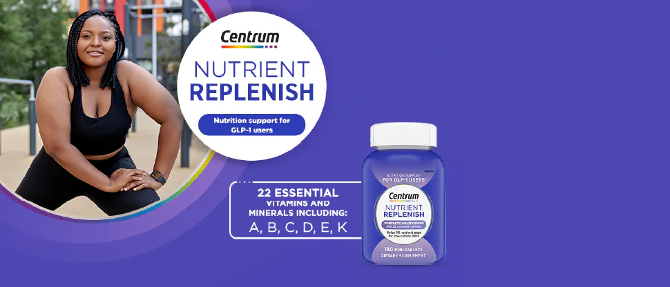 Container of Centrum multivitamin tablets with a purple label.