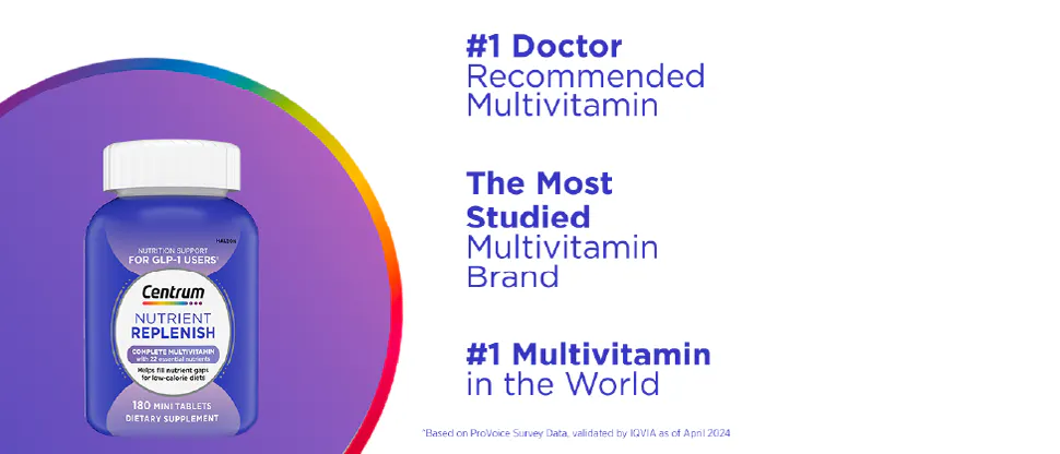 Container of Centrum multivitamin tablets with a purple label.
