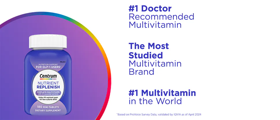 Container of Centrum multivitamin tablets with a purple label.