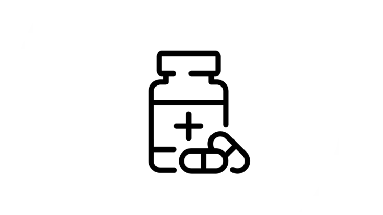 Black line icon of a medicine bottle with a plus sign on the label and two capsules beside it.