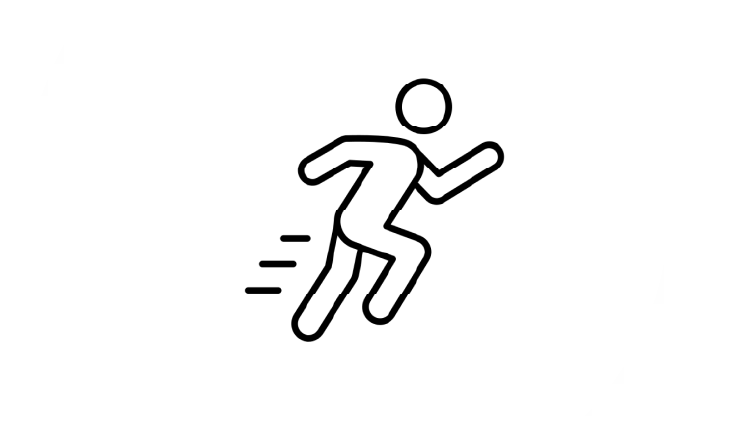 Black line icon of a simplified human figure running, with three short motion lines behind the figure.