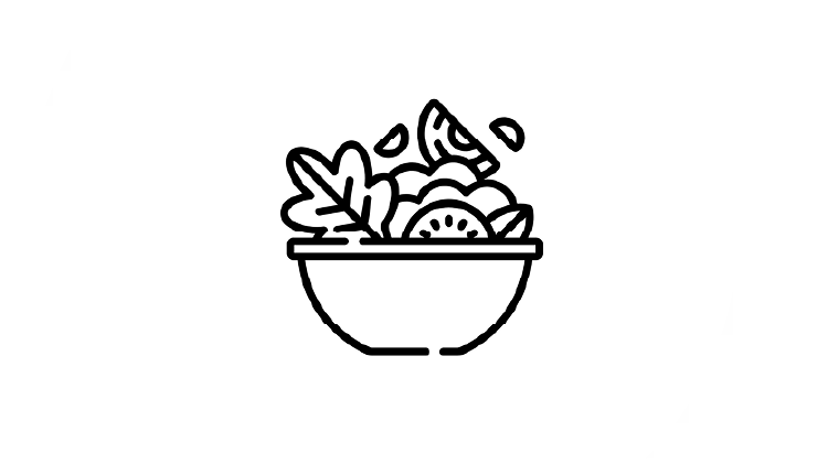 Black line icon of a bowl filled with leafy vegetables and sliced produce on a white background.