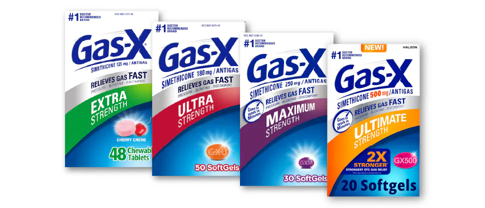 Four different containers of Gas-X antigas softgels spanning left to right—Extra strength, ultra strength, maximum strength, and ultimate strength.
