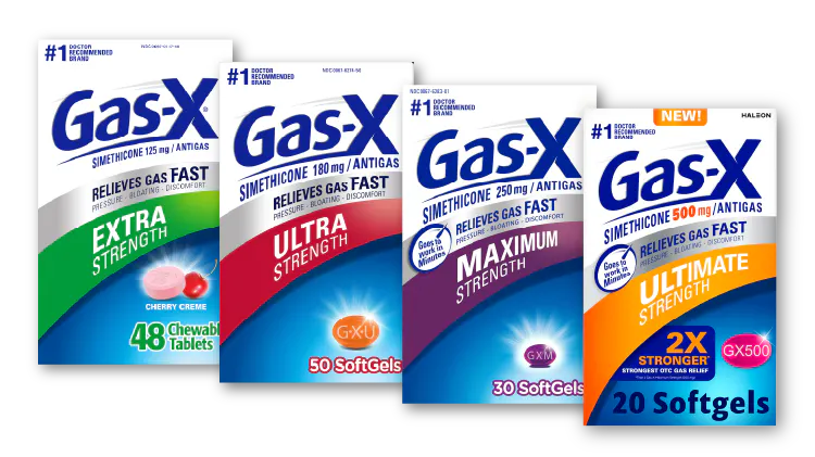 Four different containers of Gas-X antigas softgels spanning left to right—Extra strength, ultra strength, maximum strength, and ultimate strength.