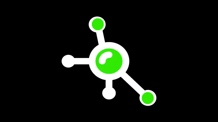 Icon of a central green circle with three white lines extending outward, each ending in a smaller circle, resembling a molecule, shown on a black background.