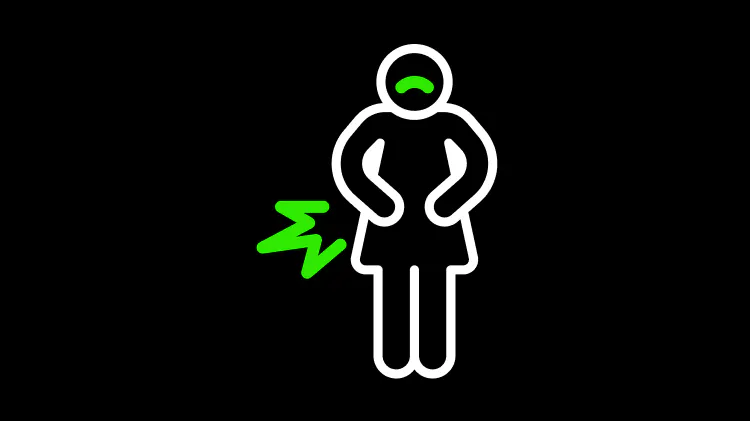 Icon of a simplified human figure holding the abdominal area, with green zigzag lines to the side indicating discomfort.