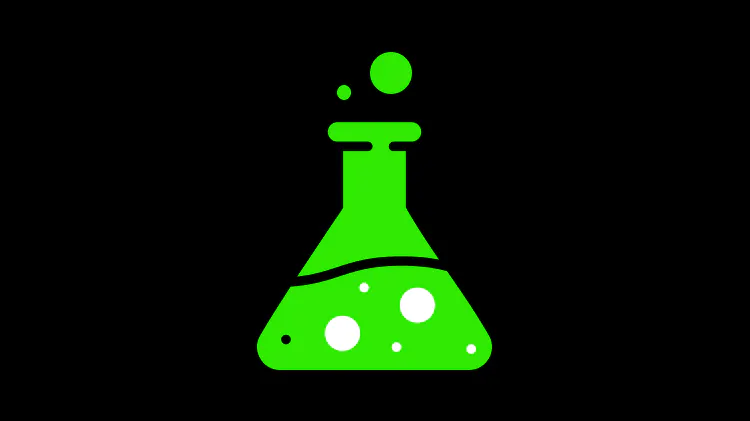 Bright green icon of a laboratory flask with bubbles rising from the top, shown on a black background.