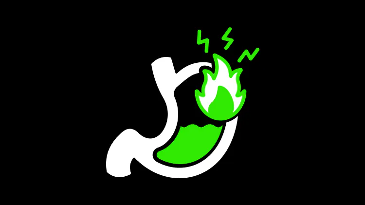 Icon of a stomach with a green flame and zigzag lines above it on a black background.