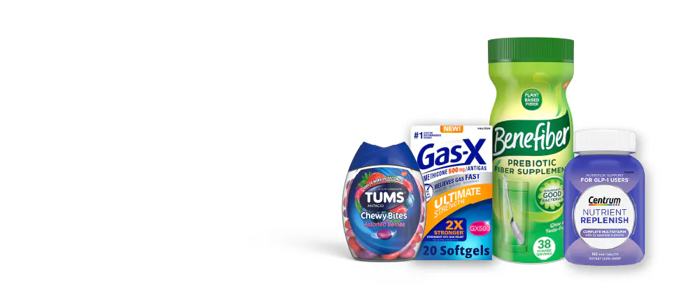 Two products—TUMS antacid tablets, and Gas X softgels—appear over “Help manage side effects”, and to the right, two products—a container of Benefiber and a bottle of Centrum multivitamins appear over “Help fill nutrient gaps”.
