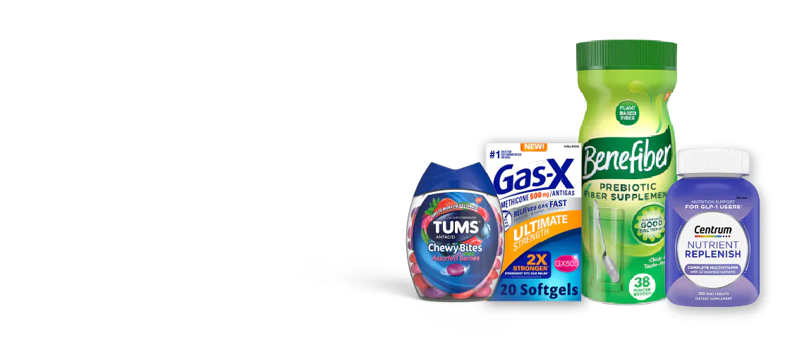 Four products appear from left to right; TUMS antacid tablets, Gas X softgels, a container of Benefiber, and a bottle of Centrum multivitamins.