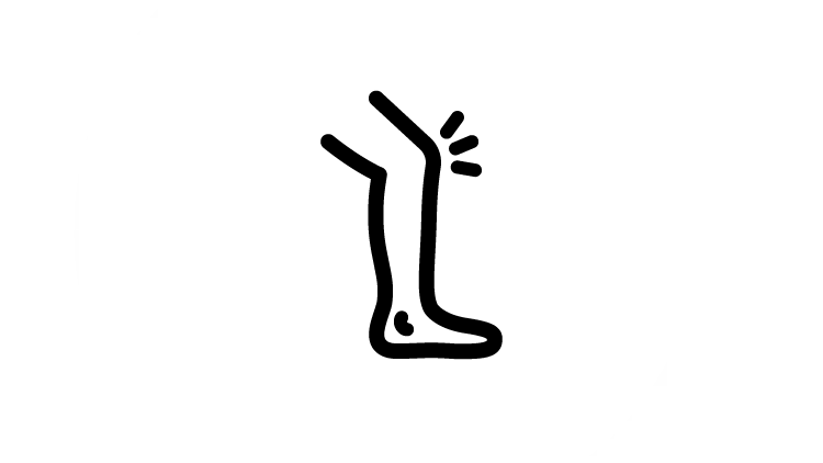 Simple black line drawing of a human leg with a bent knee, shown on a bright green background with curved brackets around it, highlighting pain caused by inflammation 