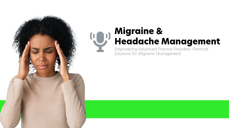 Woman with headache next to image of microphone icon