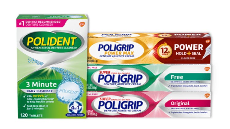Polident and Poligrip denture care products