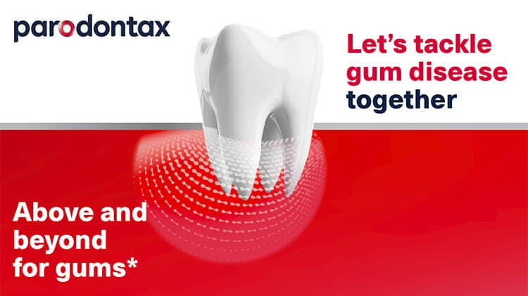 Graphic image of a tooth with its roots exposed, with the parodontax logo plus the text “let’s tackle gum disease together” and “going above and beyond for gums*”