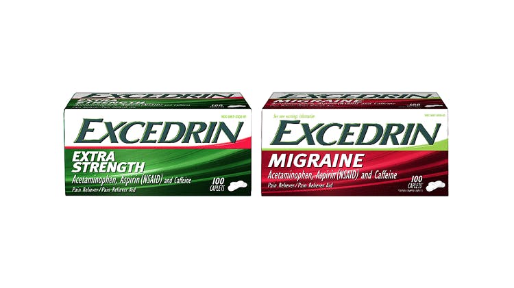 Excedrin Extra Strength and Excedrin Migraine package shots.