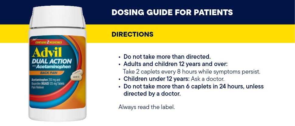 Advil Dual Action Back Pain dosing table image