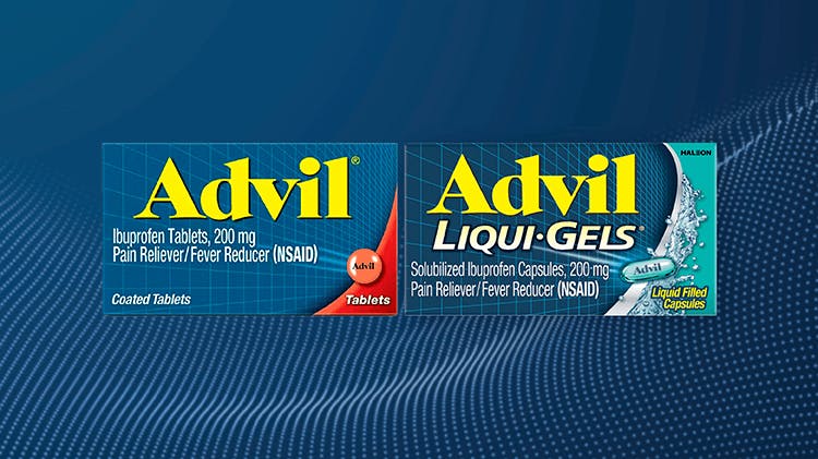 Pack shots of Advil Ibuprofen tablets and Advil Liqui-Gels on a blue background