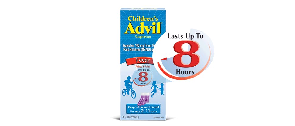 Children’s Advil ibuprofen 100-mg fever reducer and pain reliever in grape-flavored liquid 