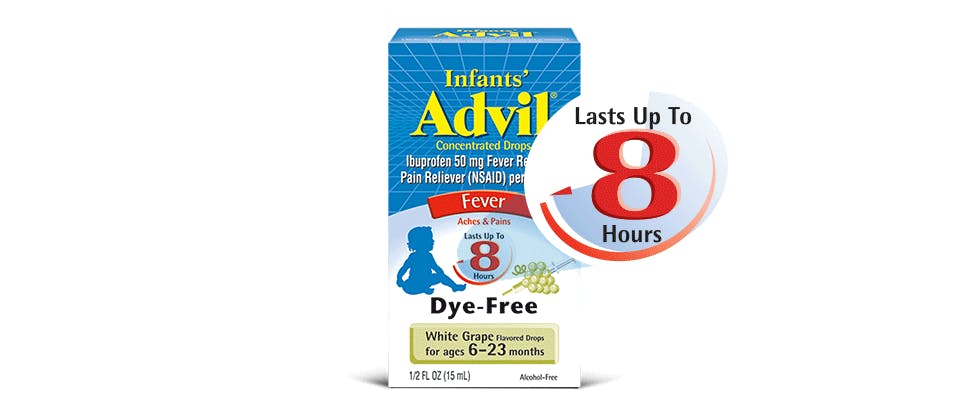 Infants’ Advil ibuprofen 50-mg, dye-free fever reducer and pain reliver in white grape–flavored drops