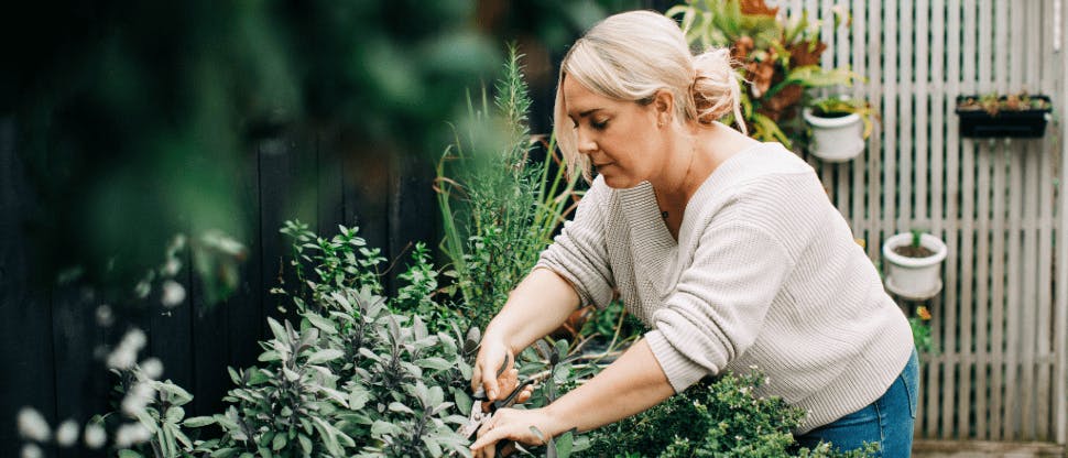 Woman leaning over to prune plants in her garden