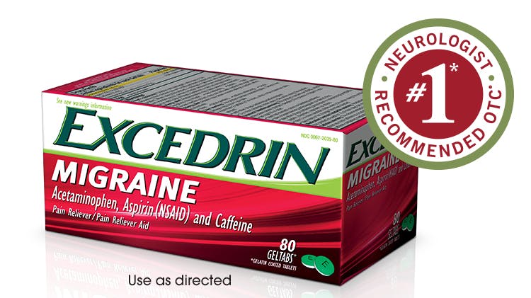 Excedrin Migraine package shot with #1 Neurologist Recommended Logo