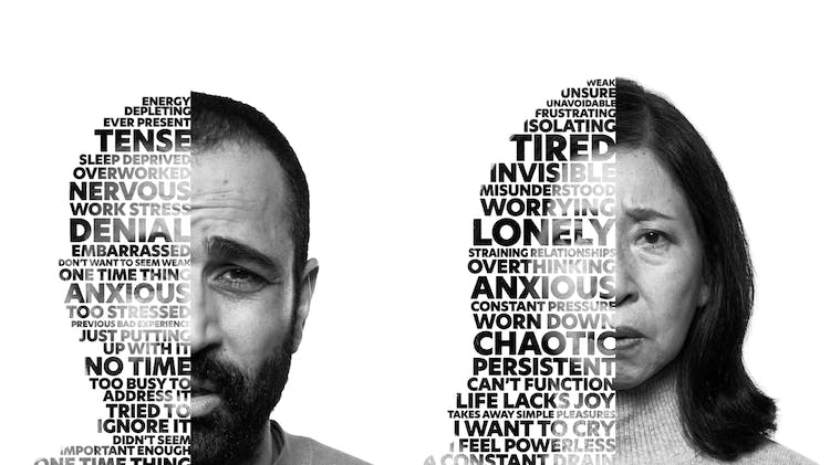 Image of faces with words that describe pain