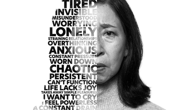 Image of a person in pain with words describing how they feel