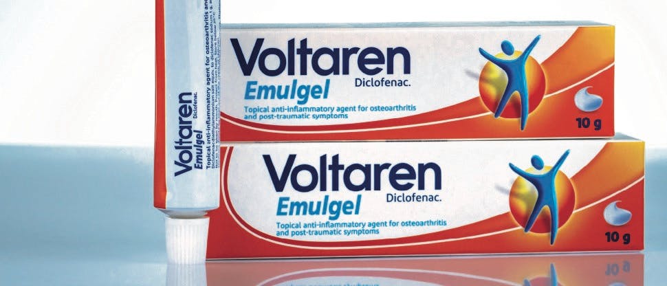 Two boxes and tube of Voltaren gel product