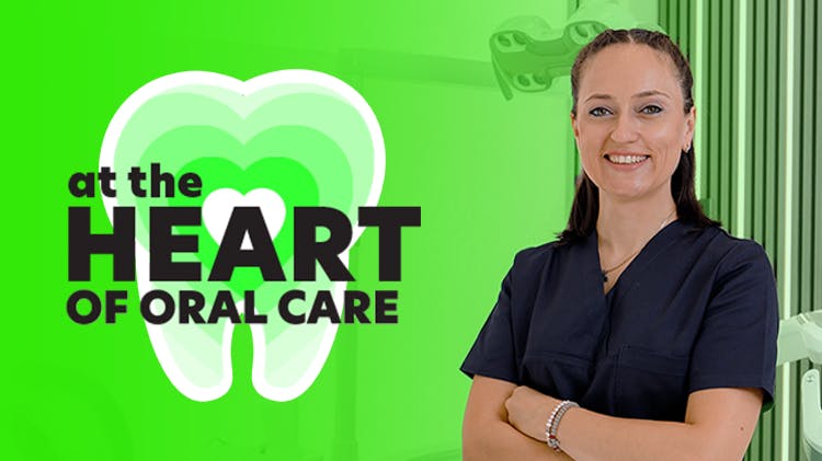 Image of hygienist and ‘At the Heart of Oral Care’ logo