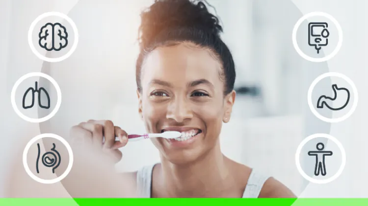 Woman brushing her teeth in the mirror with icons that show the relationship between oral health and systemic health.