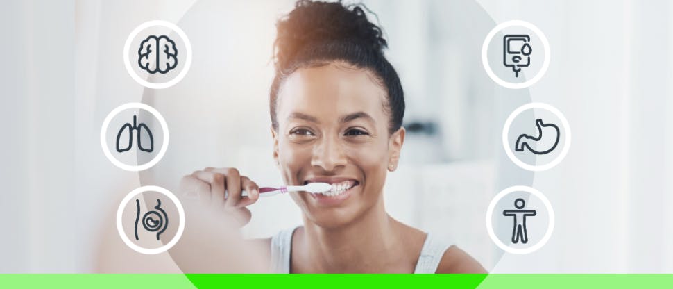 Woman brushing her teeth in the mirror with icons that show the relationship between oral health and systemic health.